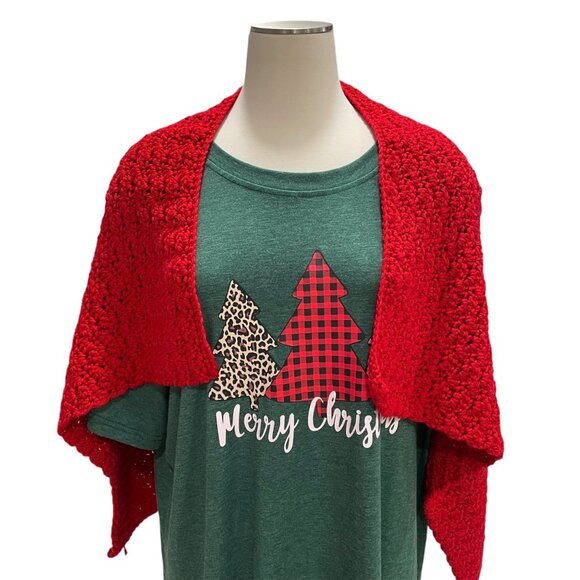 Handmade Red Crochet Shawl Soft Cozy Wrap Christmas Winter Warm Scarf 37" x 23" - Picture 2 of 7